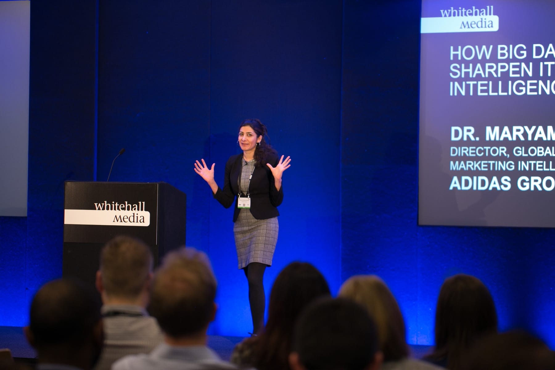 Maryam delivering a keynote at Whitehall Media